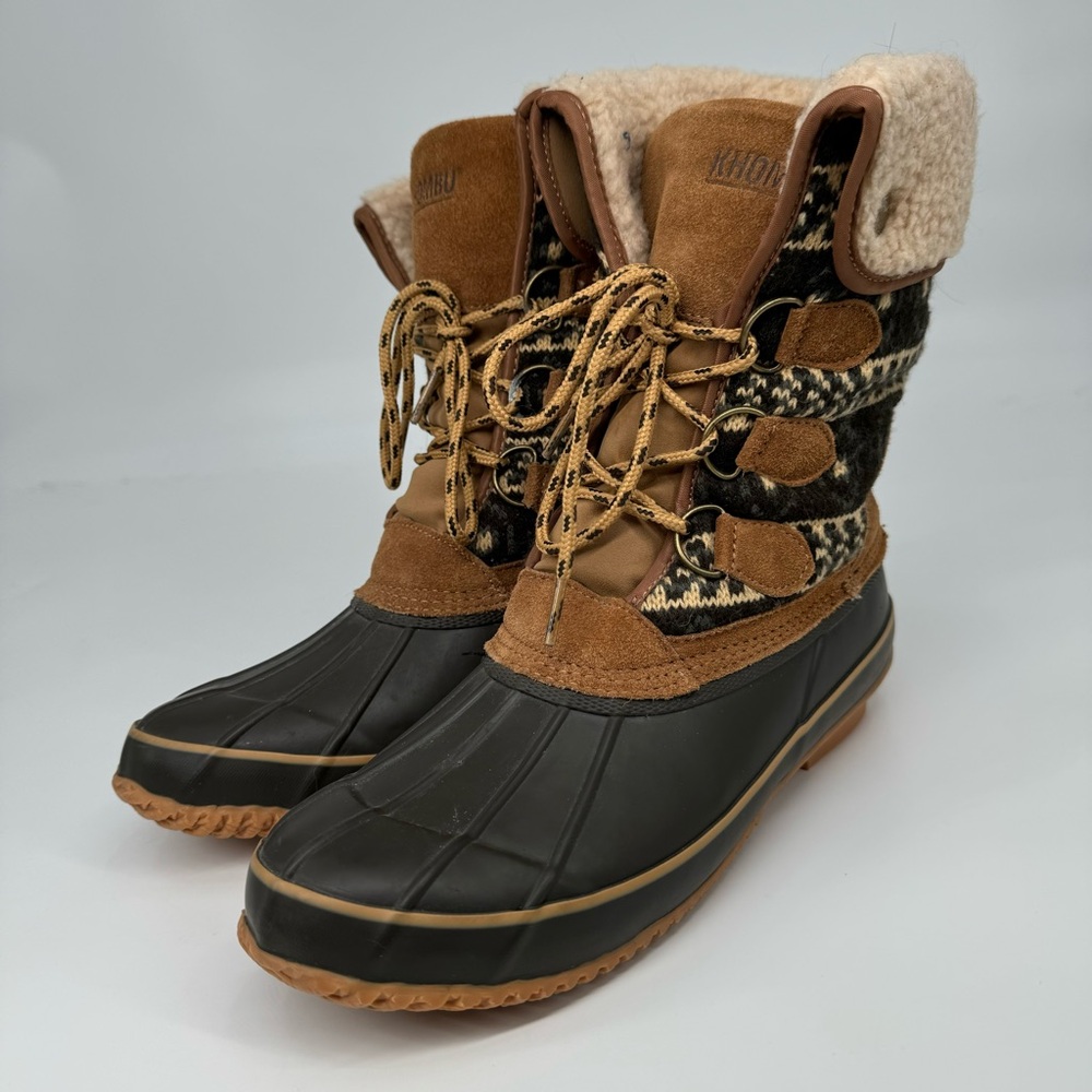 Khombu Boots Womens 9 M Snow Brown Leather Mid-Calf Lace Up Round Toe Boots‎